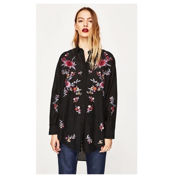 𝅺zara Black Floral Embroidered Button Front Tunic Top Size Small EUC - Picture 1 of 9